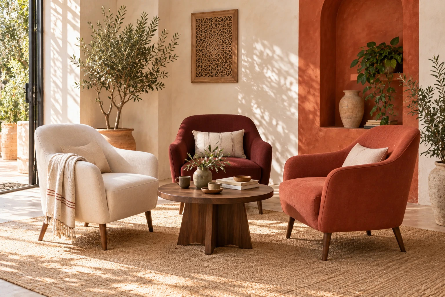 Trois fauteuils autour d’une table dans un salon marocain contemporain